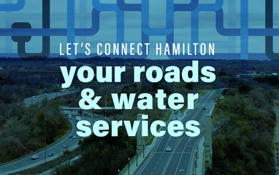 City roads, with text Let's Connect Hamilton - Your Roads & Water Services