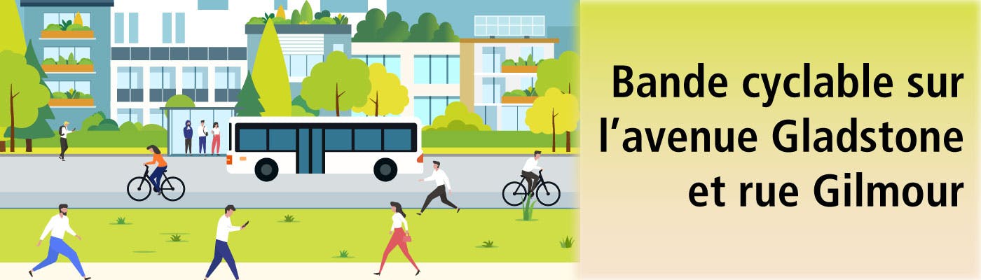 Illustration d'une rue urbaine avec des piétons, des cyclistes, un bus public et un arrêt, et des immeubles d'habitation.