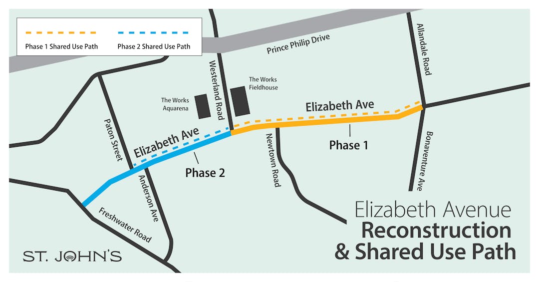 Map of Elizabeth Ave Reconstruction and Shared Use Path Project - Phase 1 and Phase 2