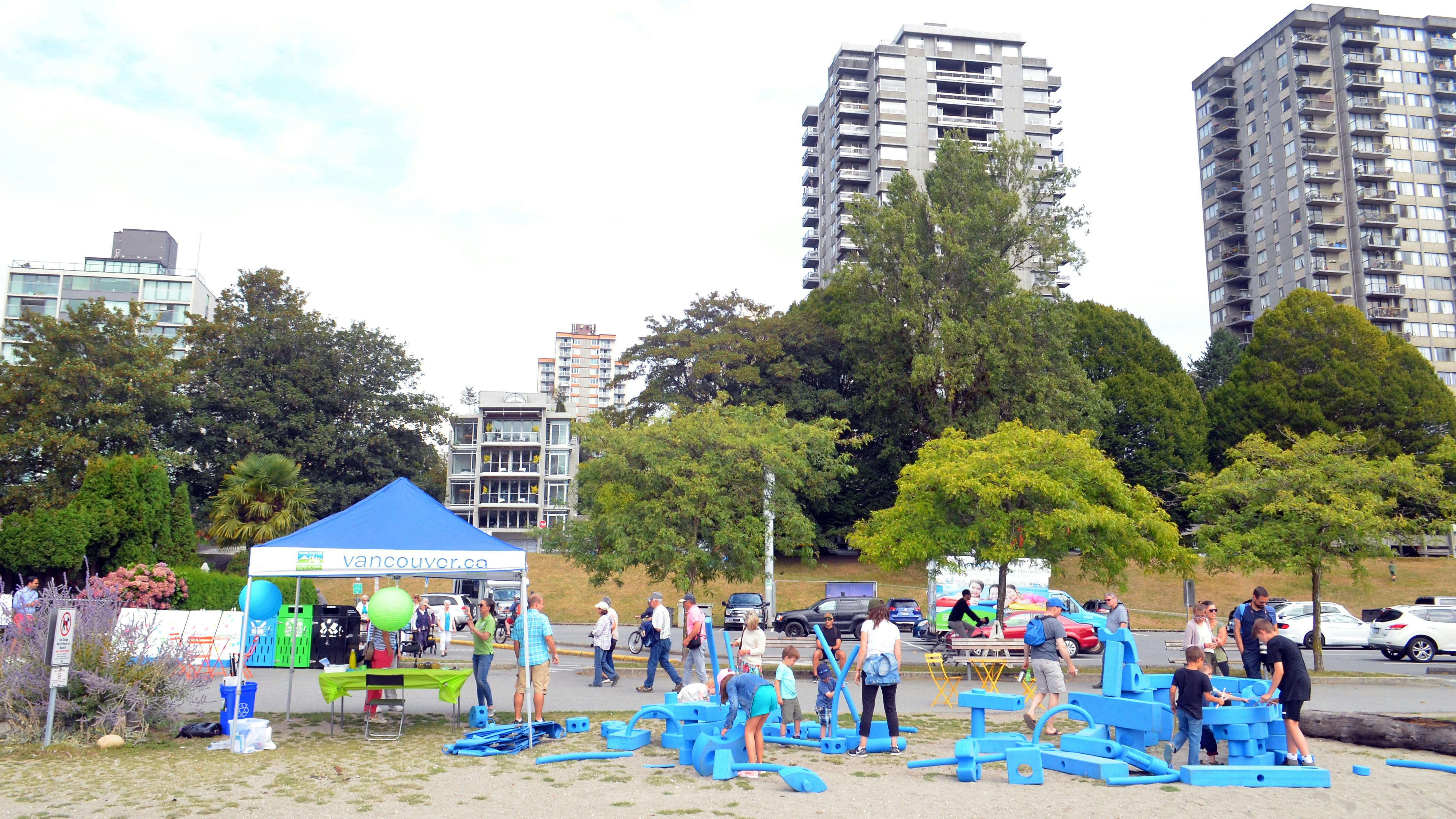 Pop-Up tent and bendable playground equipment at Sunset Beach Park