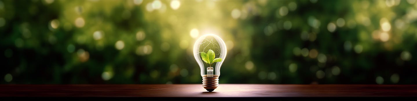 Image of a lightbulb with a plant inside on a green leafy background