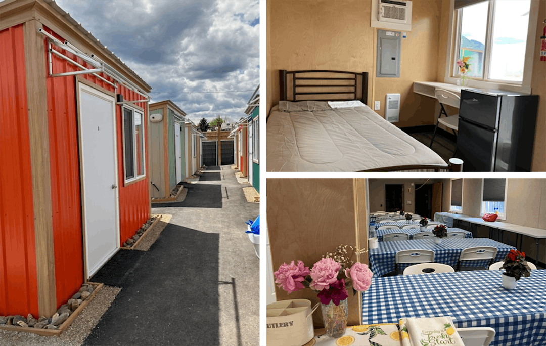 Collage of colorful tiny houses, a furnished interior, and a dining area with checkered tablecloths and flowers.
