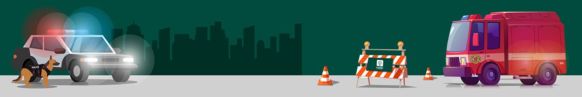 Graphic design visual of a police vehicle, a firetruck, and a construction sign and cone. 