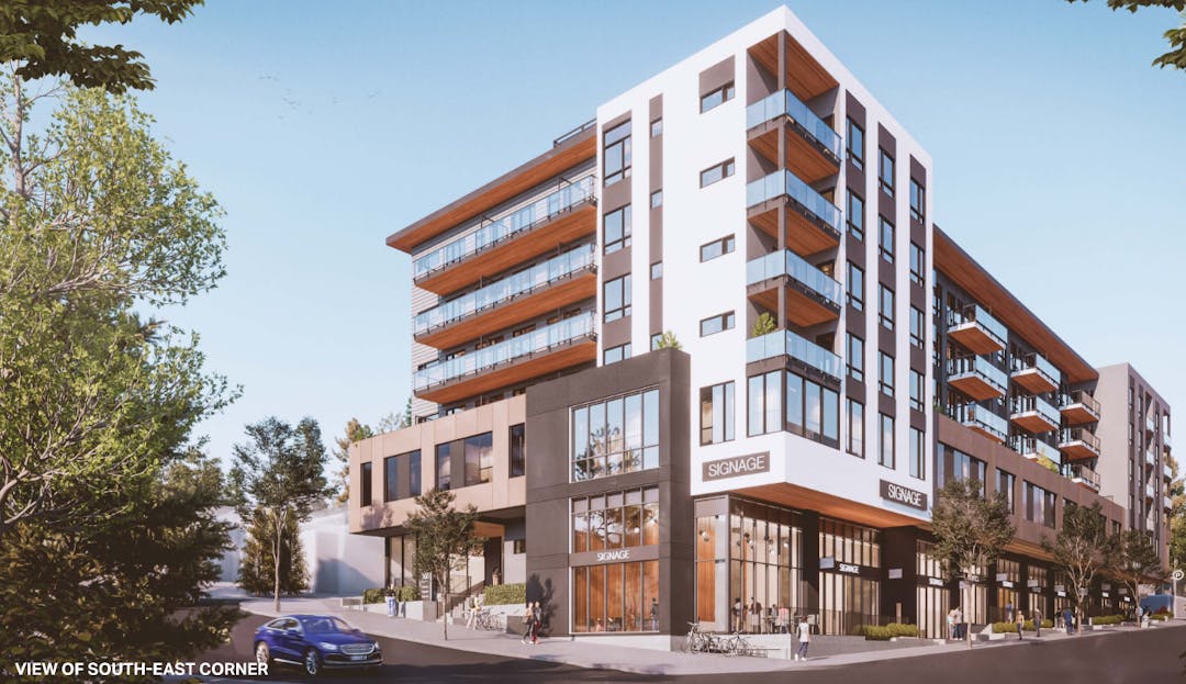 Rendering of six-storey mixed-use building proposed at 145-209 E Columbia