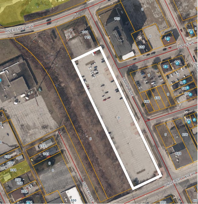 Satellite Photo of Caron Ave Parking Lot with Outline of Site Boundaries