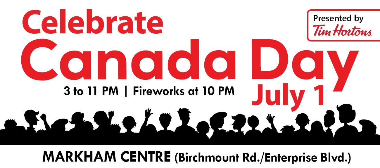 Icons of people and Canadian flag with text reading celebrate Canada Day at Markham Centre.