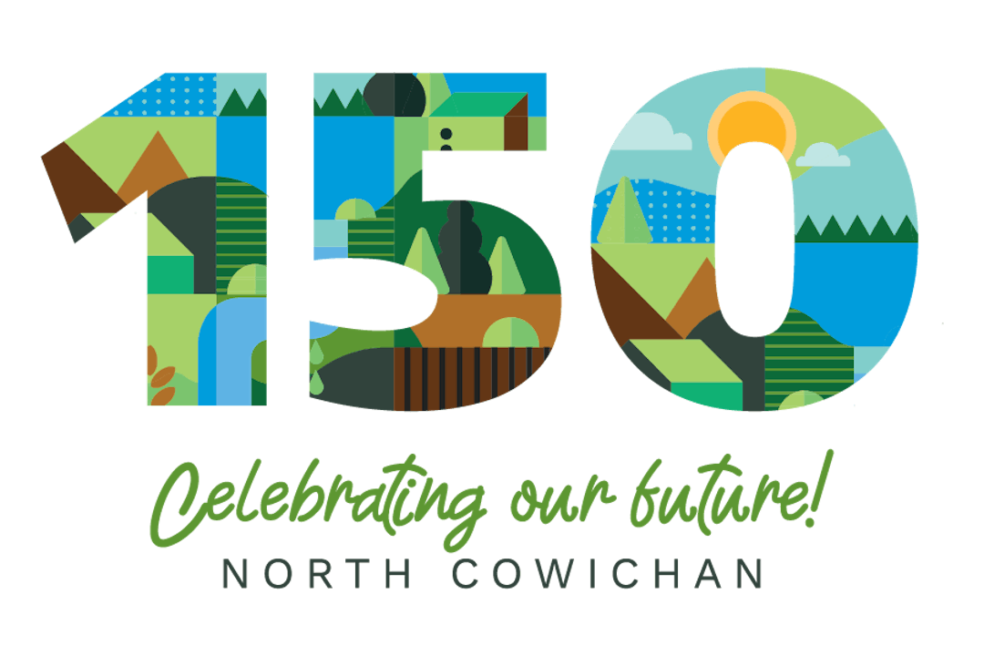 Logo showing the number 150 overtop a background of graphic landscapes. Celebrating our future! & North Cowichan underneath
