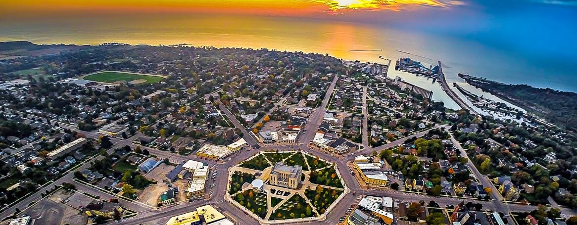 Aerial photo of the Town of Goderich, looking west to Lake Huron at sunset