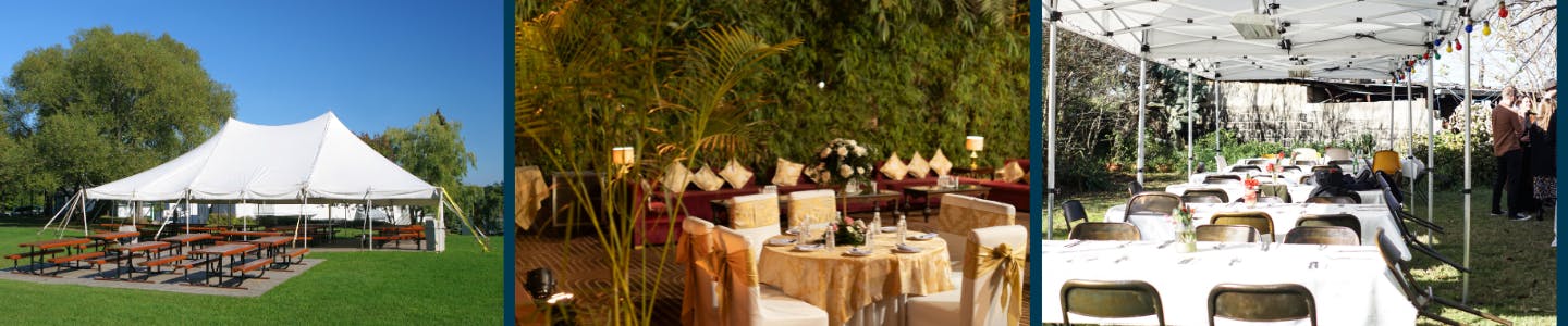picture of outdoor tent, tables and chairs for a party, and tables and chairs under a large outdoor tent
