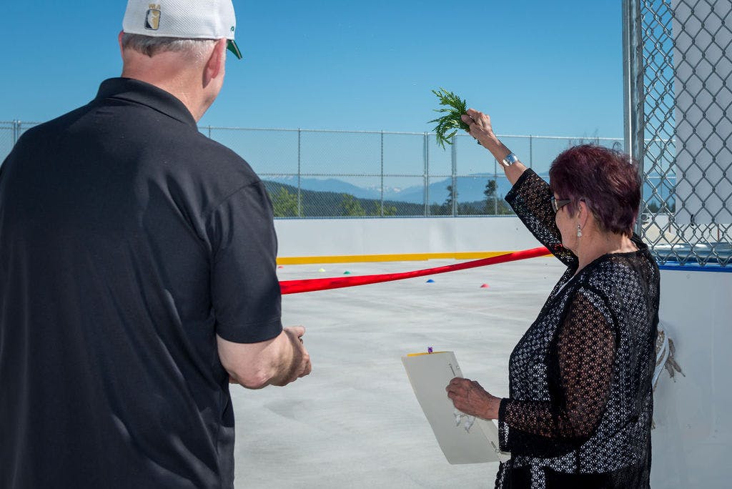 Blessing of the sport box by T'Sou-Ke Nation Elder, Shirley Alphonse and Premier John Horgan at the June 26, 2022 Grand Opening celebration