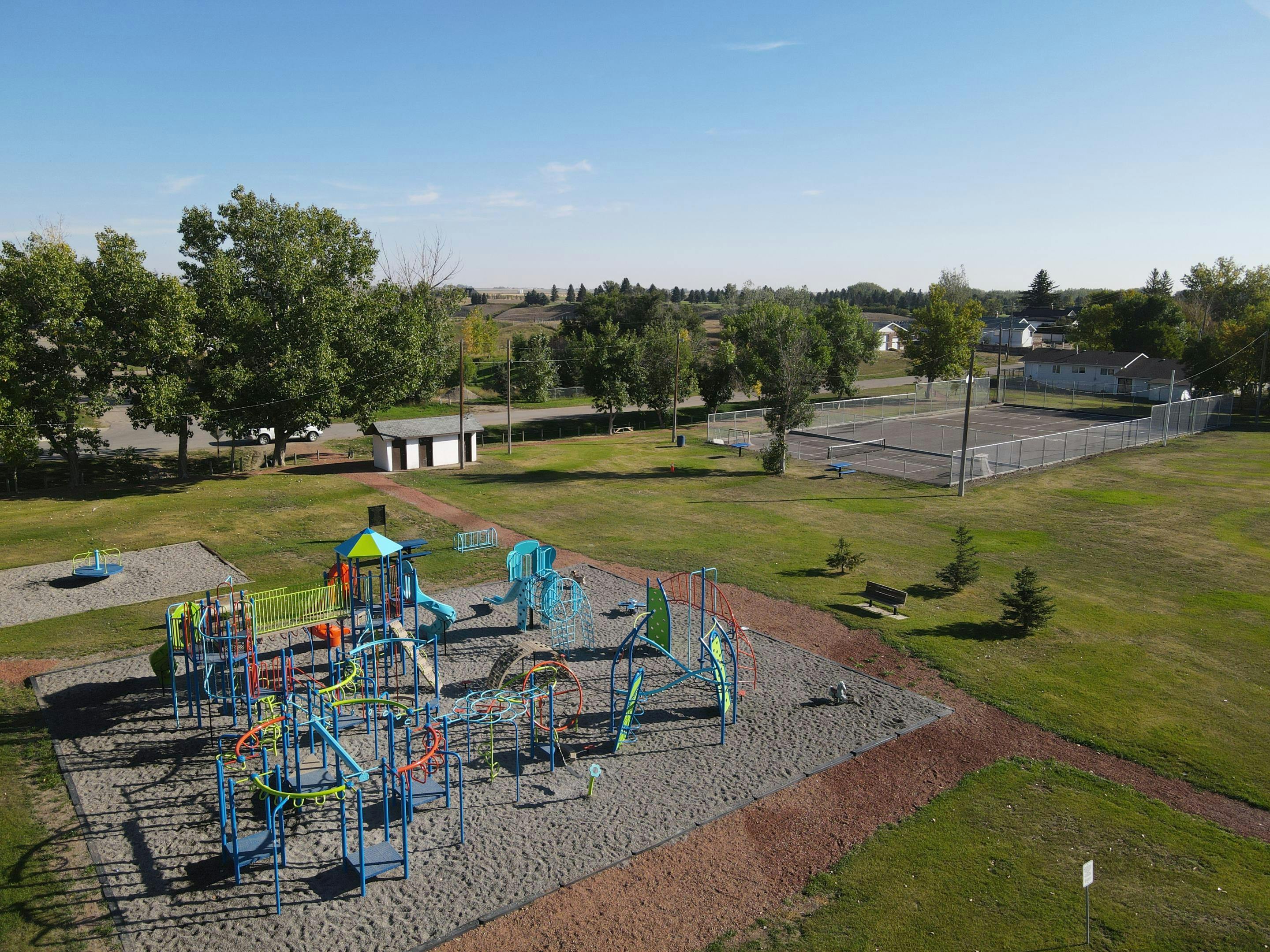 Aerial view of playground and courts