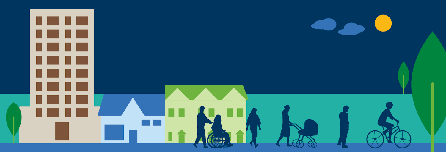 Graphic depiction of silhouettes of various people of all ages in front of different housing types. 
