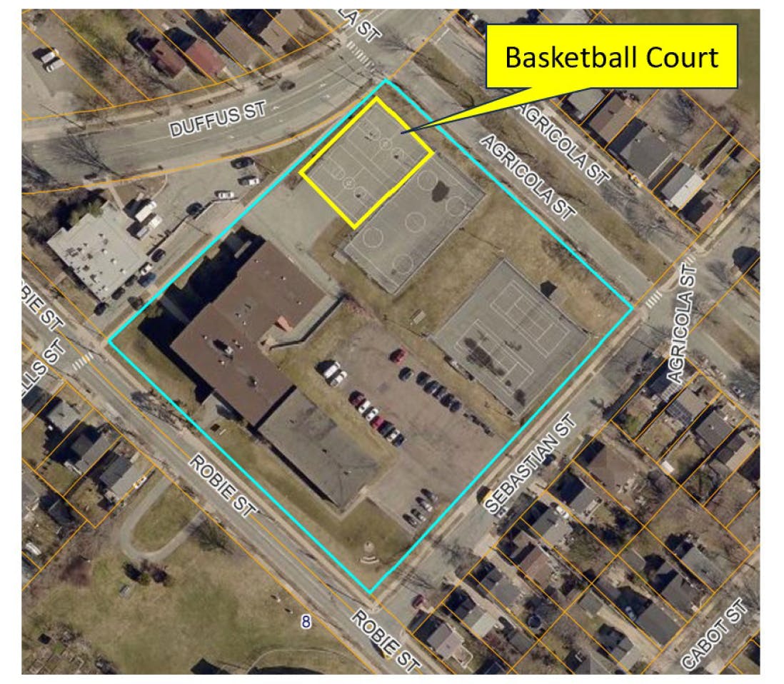 Aerial map shot of the area surrounding the North End Junior High School with the current basketball court's location highlighted in yellow