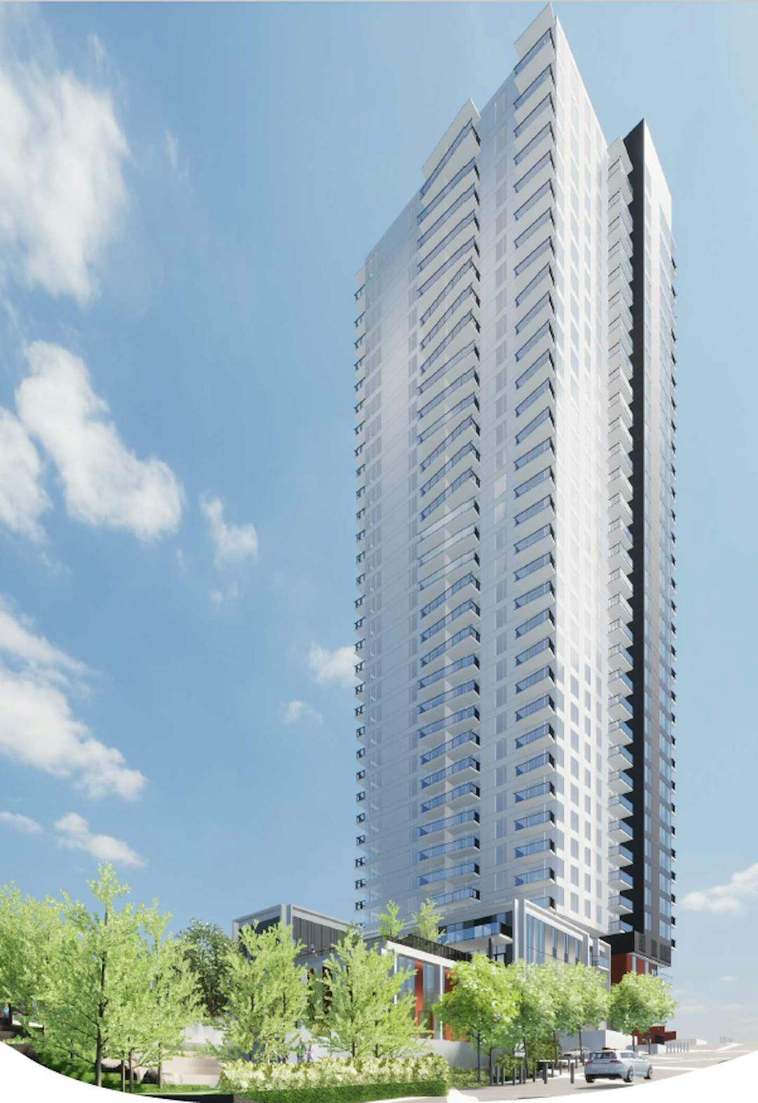 Rendering of proposed 33 storey high-rise tower with 352 secured market rental housing units.