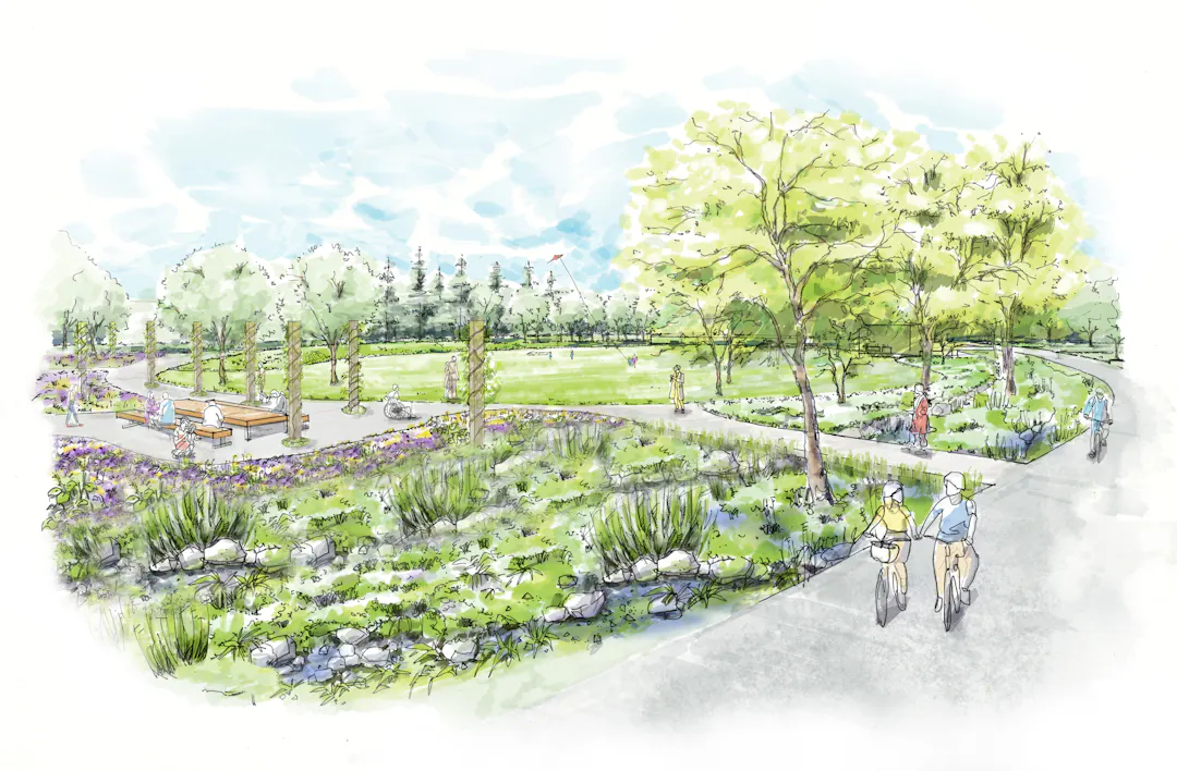 Drawing of entrance to Burrard Slopes Park at Arbutus Greenway, showing gardens, seating, and lawn
