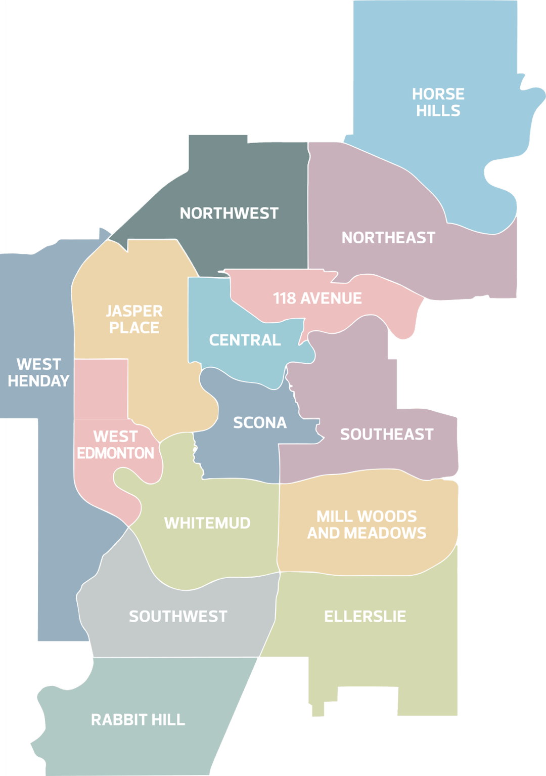 Highlighted Northwest district within image of all 15 Edmonton districts