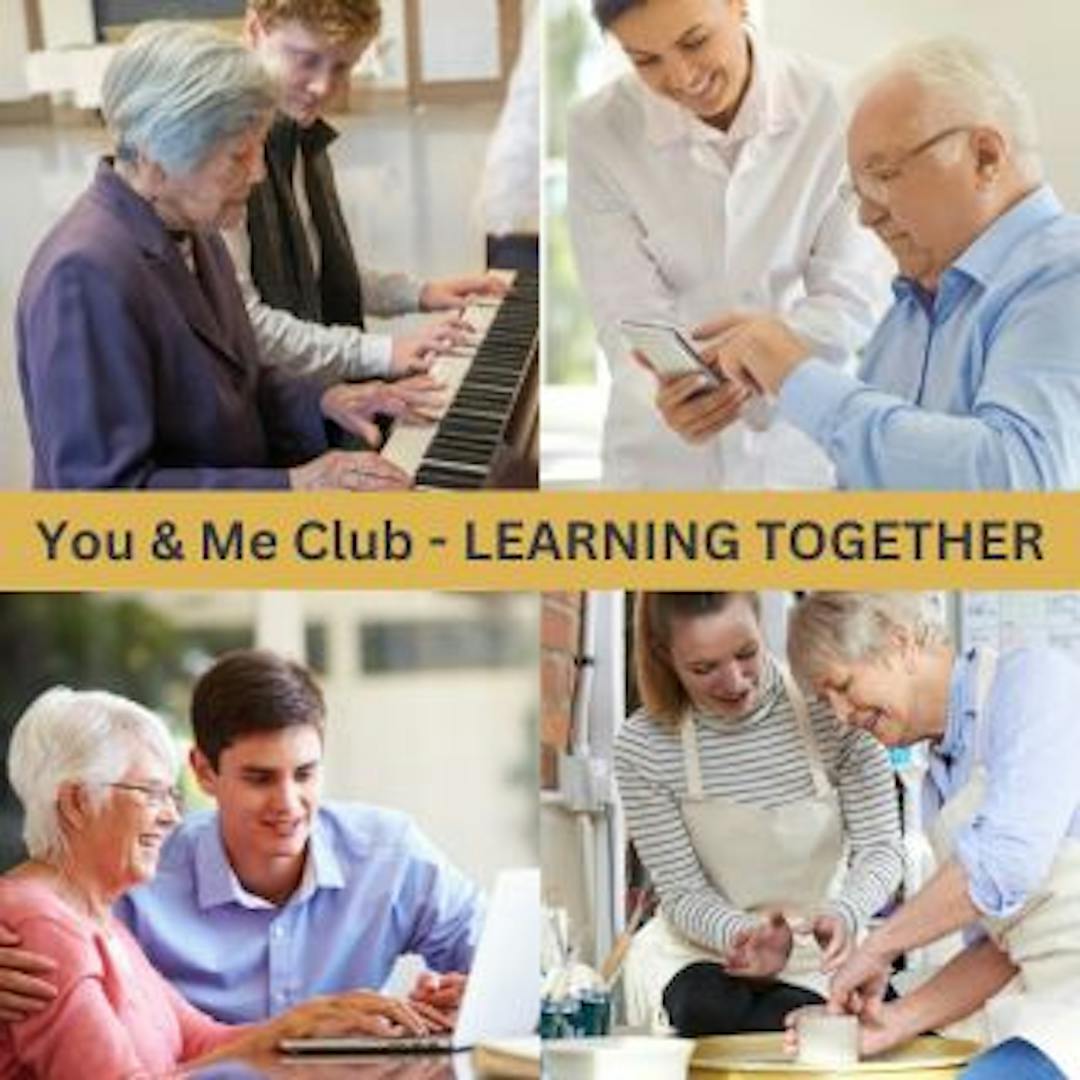 Decorative:  Image includes youth and mature adults engaging in an activity.  You and me club, learning together.