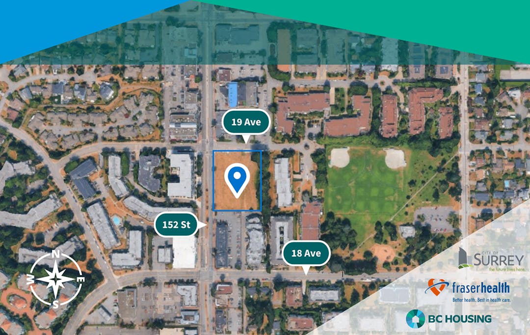 Aerial map of a city block showing streets labeled 152 St, 18 Ave, and 19 Ave, with a blue pin marking a specific location.