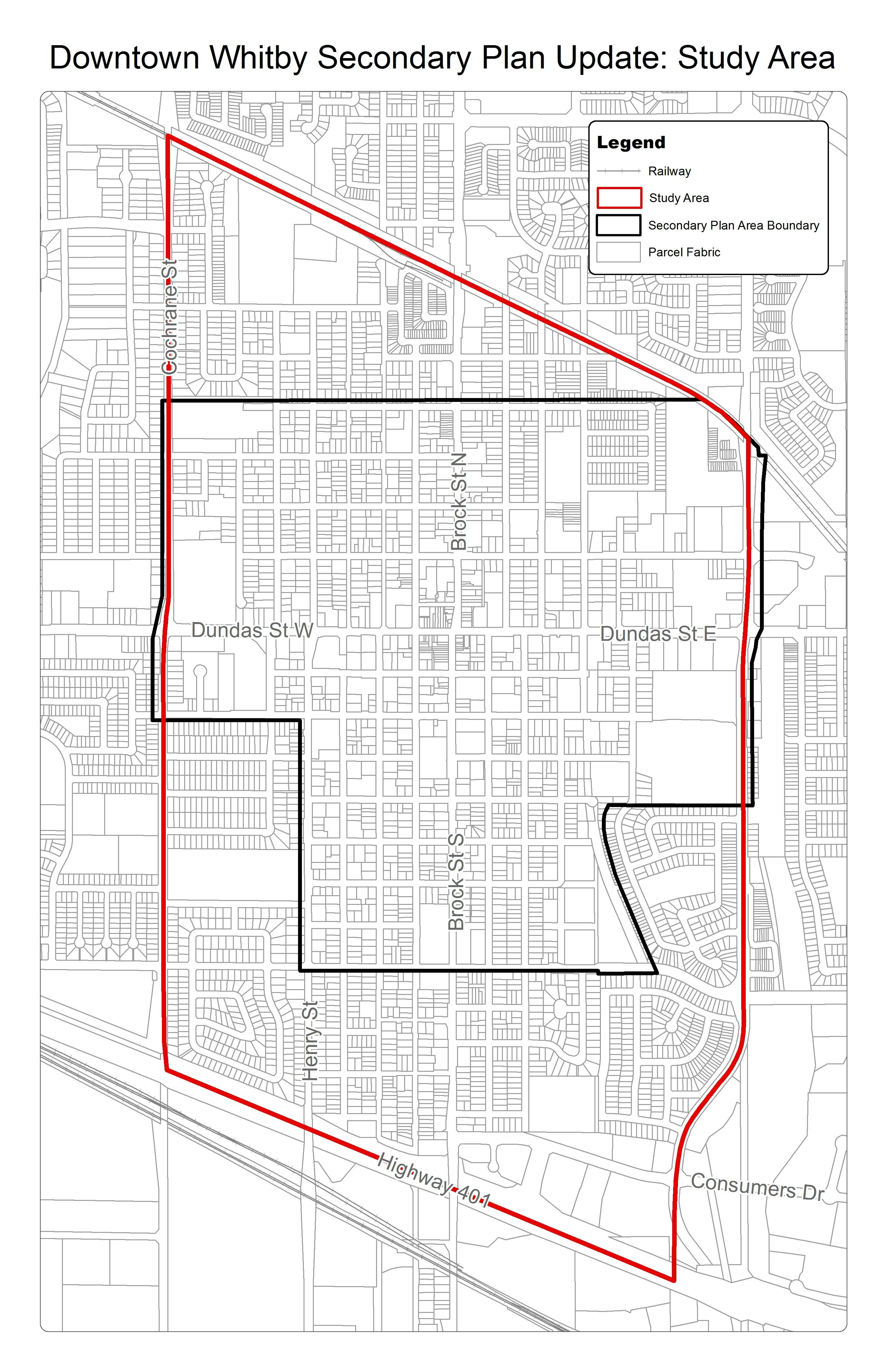 The study area for the Secondary Plan Update is bound by the Canadian Pacific Rail line to the north, Garden Street to the east, Highway 401 to the south and Cochrane Street to the west.