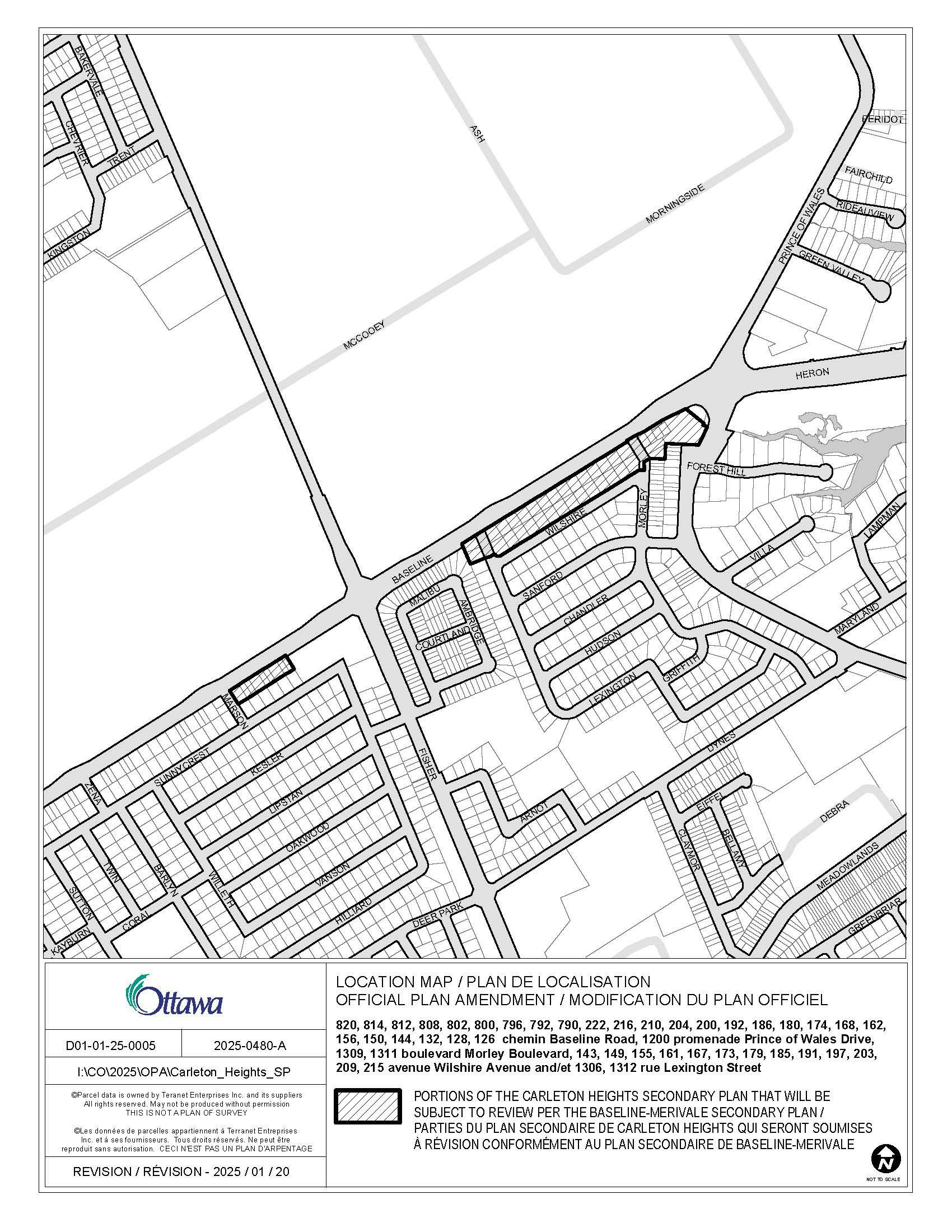Location map for reviewed properties within the Carleton Heights Secondary Plan: 820 to 126 Baseline Road, 1200 Prince of Wales Drive, 1309 ,1311 Morley Boulevard, 215 to 143 Wilshire Avenue, and 1306, 1312 Lexington Street.