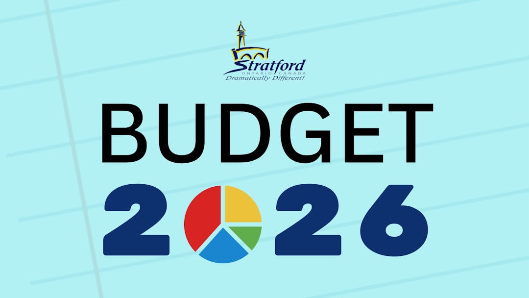 A blue lined paper background, with text that reads Budget 2026, with the City of Stratford corporate logo at top