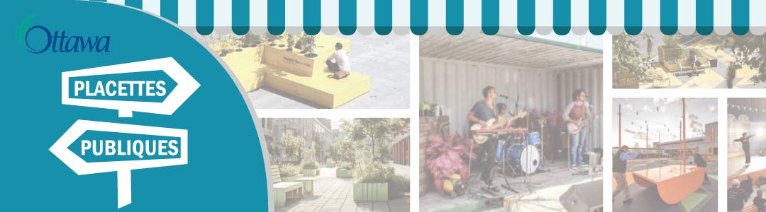 Panneau « Placettes publiques » et exemples de rues piétonnes montrant des jardinières, des musiciens et des plates-formes.