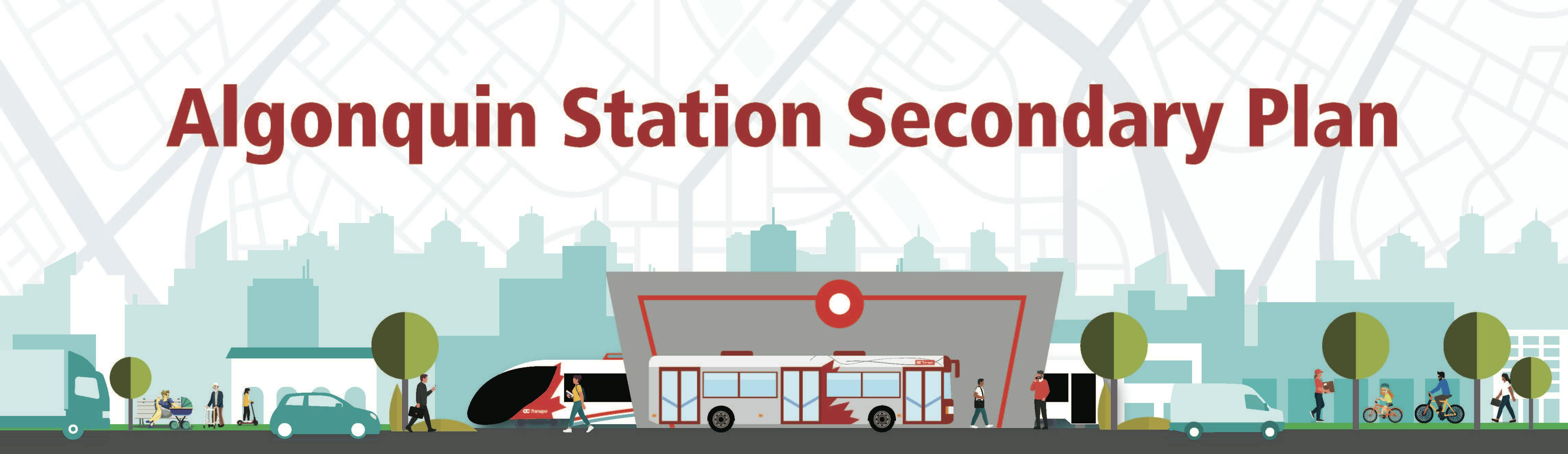 Illustration of cars, bus, train and people at a LRT station with city buildings in the background of Algonquin Station.
