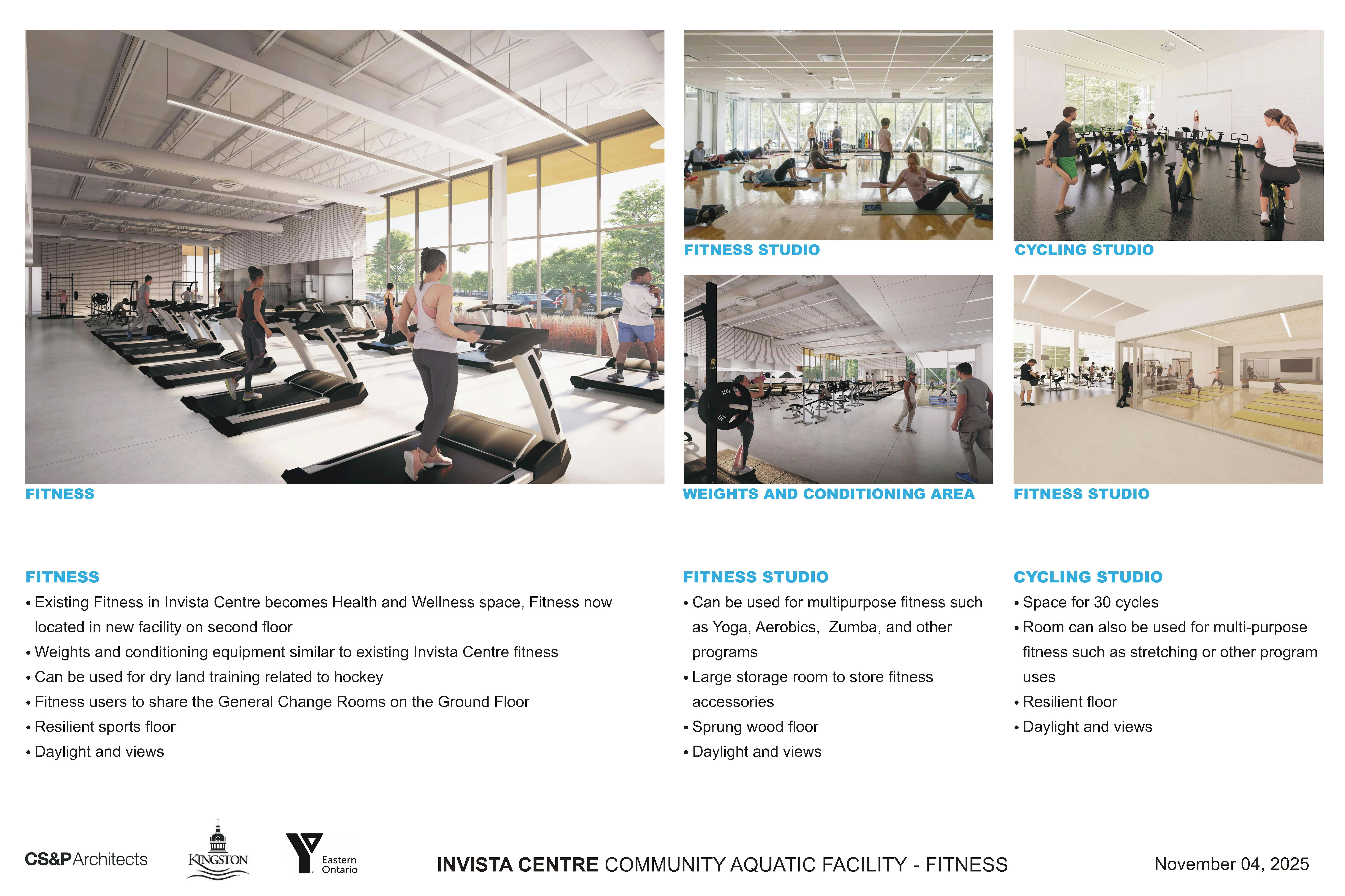 Examples of various fitness centre amenities are shown.