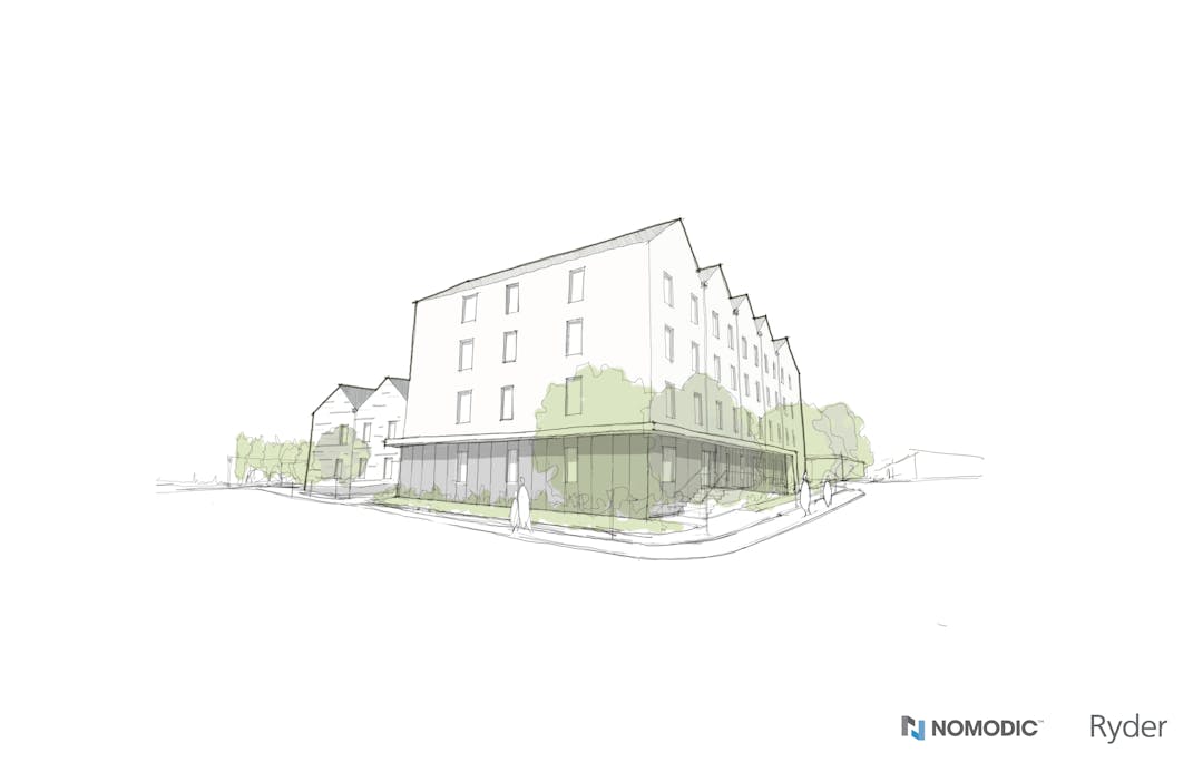 Project illustrative rendering of a supportive housing and shelter.