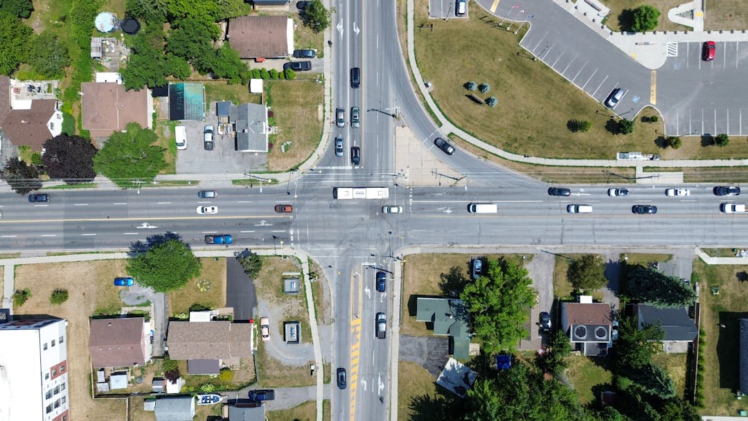 Aerial photo of the Sidney Street and College Street intersection.