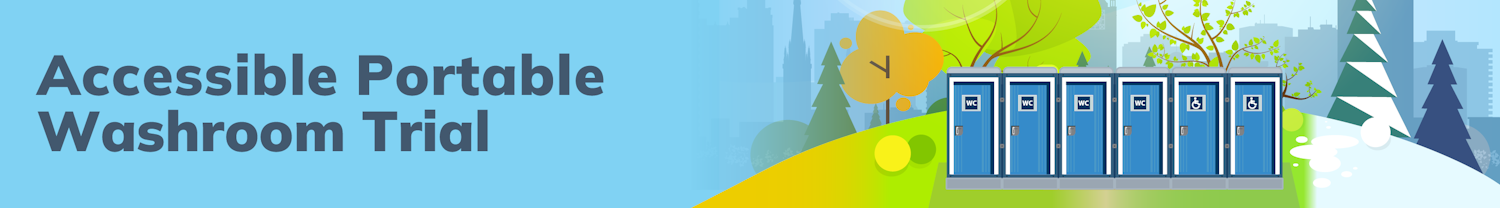 Promotion for row of temporary portable washrooms in a park