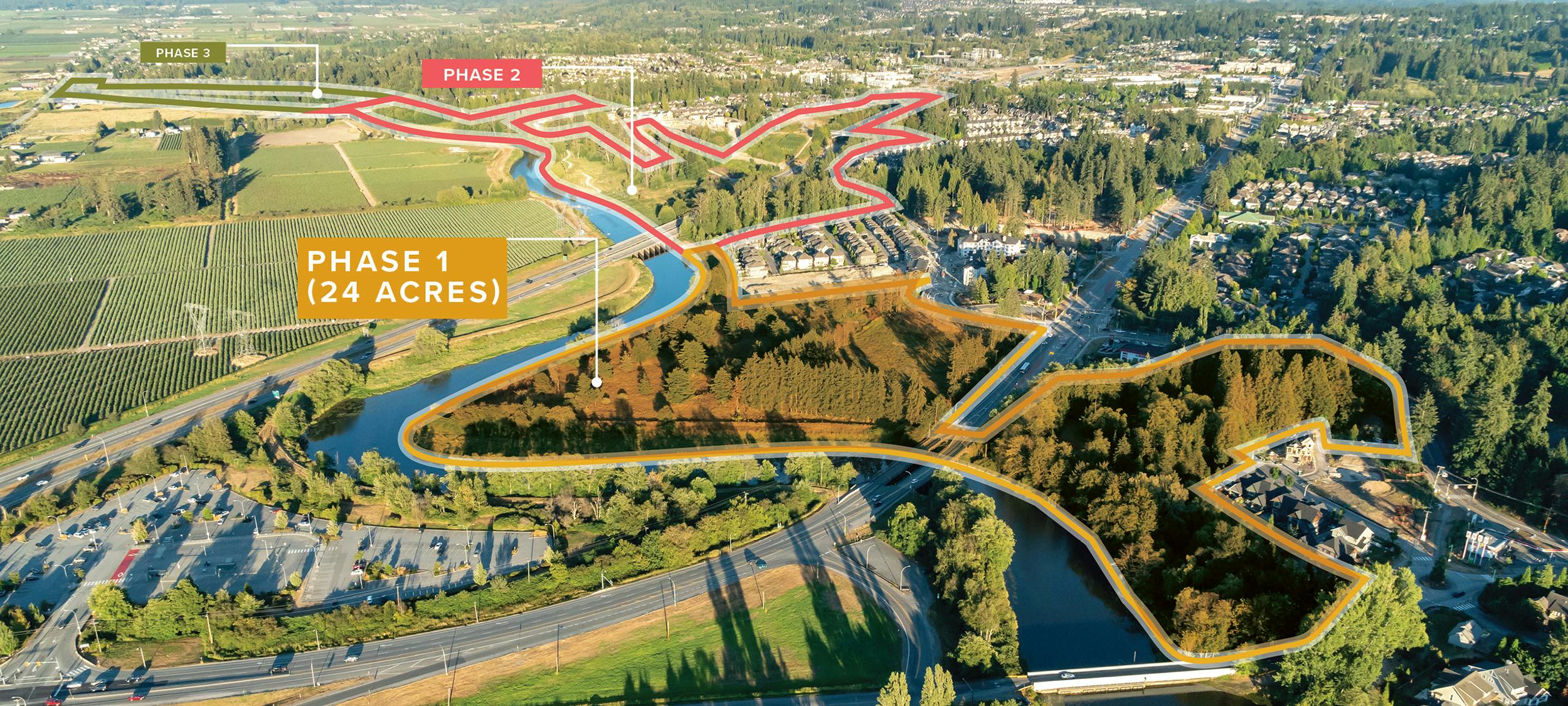 Aerial view of forest parkland, the river, park and ride, and roads.