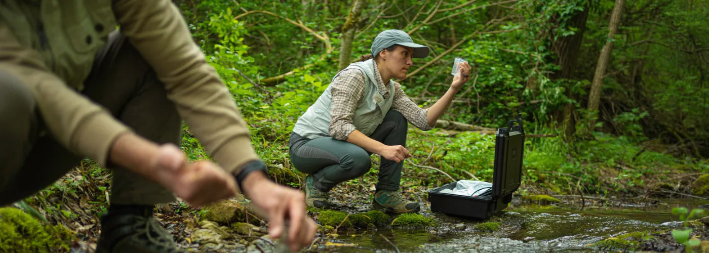 field ecologist looking at water sample