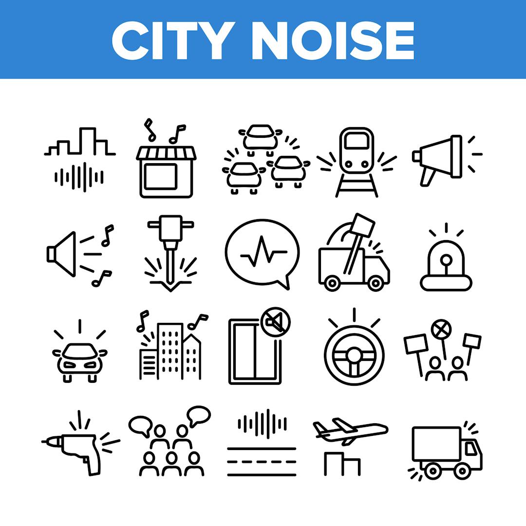 City noise and sounds collection icons such as rattle of train wheels, city traffic, drill and jackhammer, plane and truck.