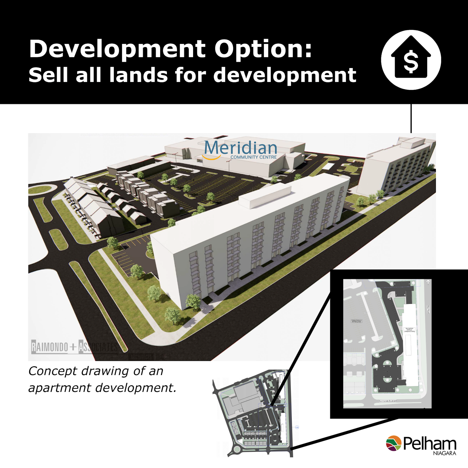 artist rendering of all lands adjacent to the Meridian Community Centre as a development with apartment building