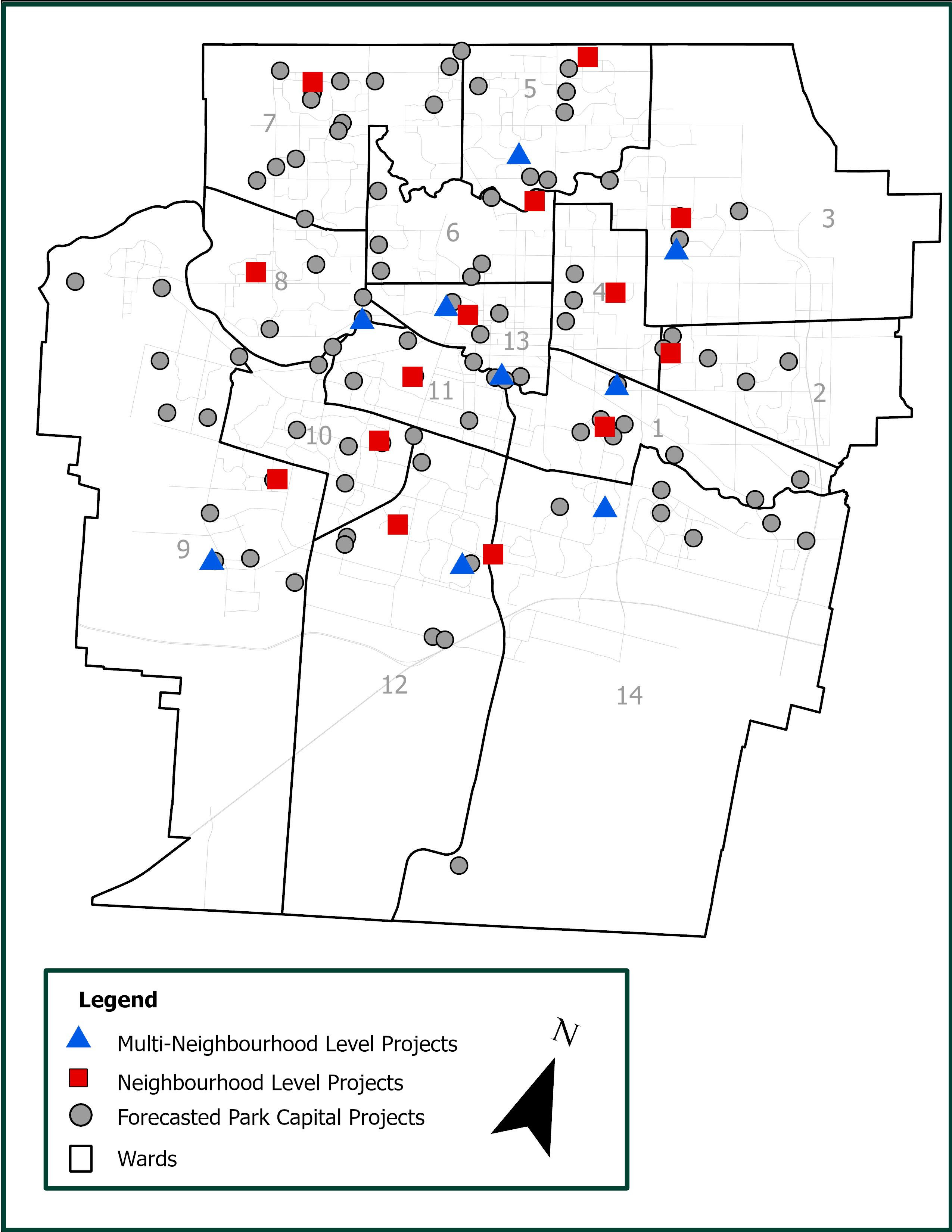  A map of the locations of Multi-Neighbourhood Level projects and Neighbourhood level projects a part of the Neighbourhood Parks Improvement Fund.