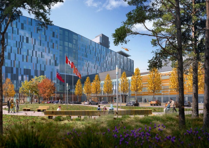 Rendering of the main hospital building entrance viewed at grade from the main plaza.