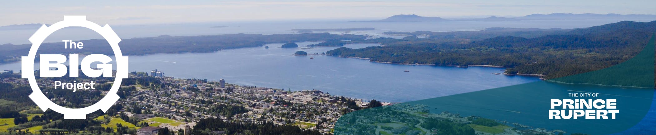 Overhead image of Prince Rupert with  logo overlaid