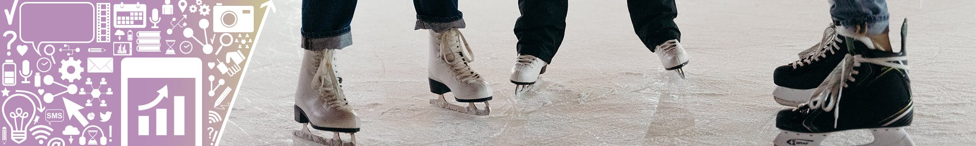 The feet of three people in skates, two in figure skates and one in hockey skates beside engagement icons