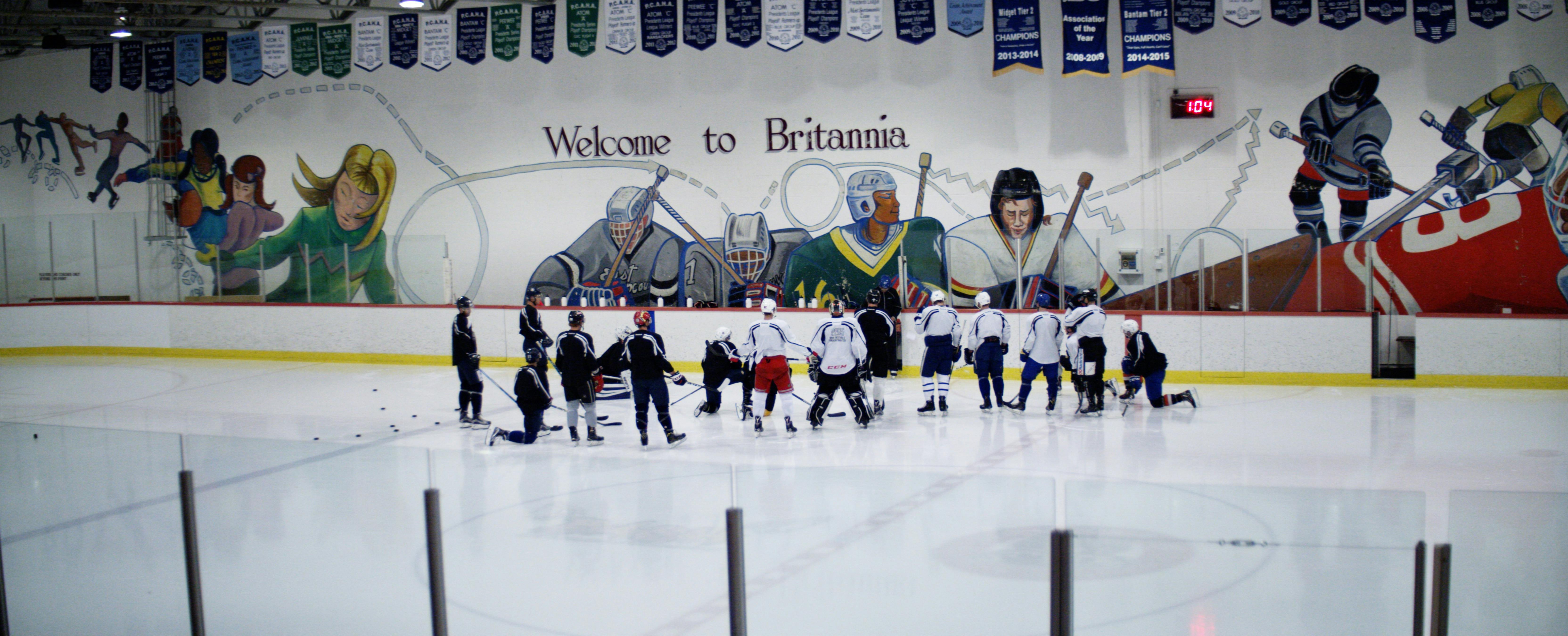 Hockey team huddle on ice rink