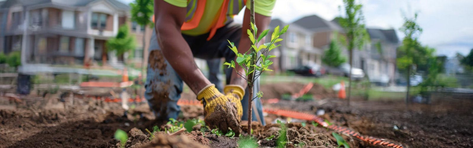 A person planting a tree in a neighbourhood wearing gloves.