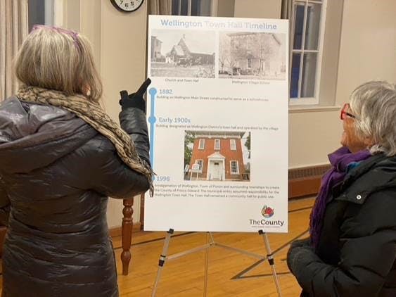 Image of meeting attendees looking at an information board on the history of the Wellington Town Hall