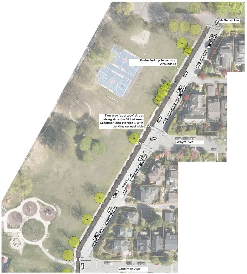  Aerial view map of the central part of Kitsilano Beach Park showing the proposed cycle path route along Arbutus Street from Creelman Avenue to McNicoll Avenue (Zone 3).