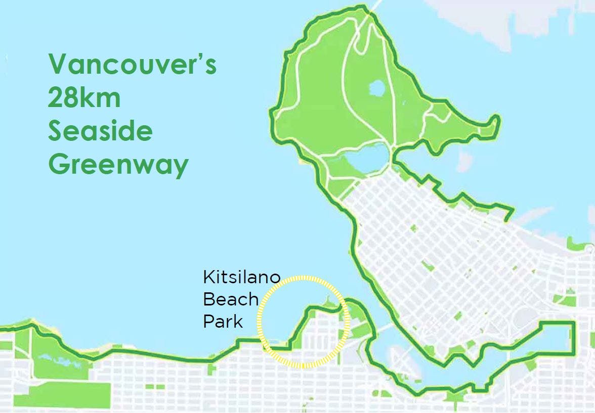 Map of the 28 kilometre-long Seaside Greenway that connects the Vancouver Convention Centre to Spanish Banks for walking, rolling, and cycling