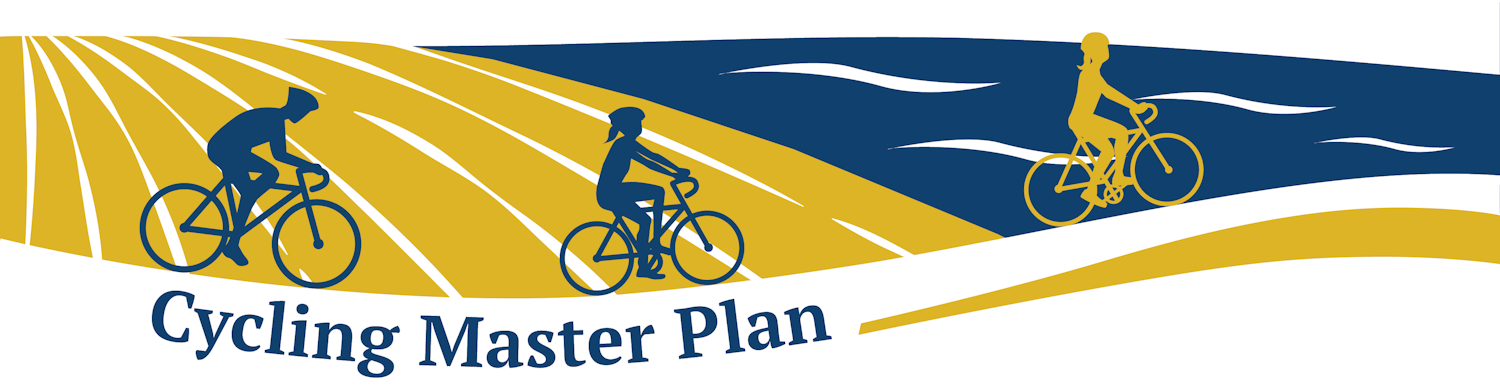 a stylized wheat field against water with three people - a woman, a man and a child, riding their bikes