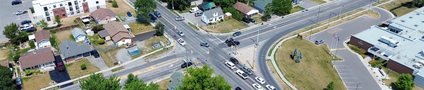 Aerial photo of the Sidney Street and College Street intersection.