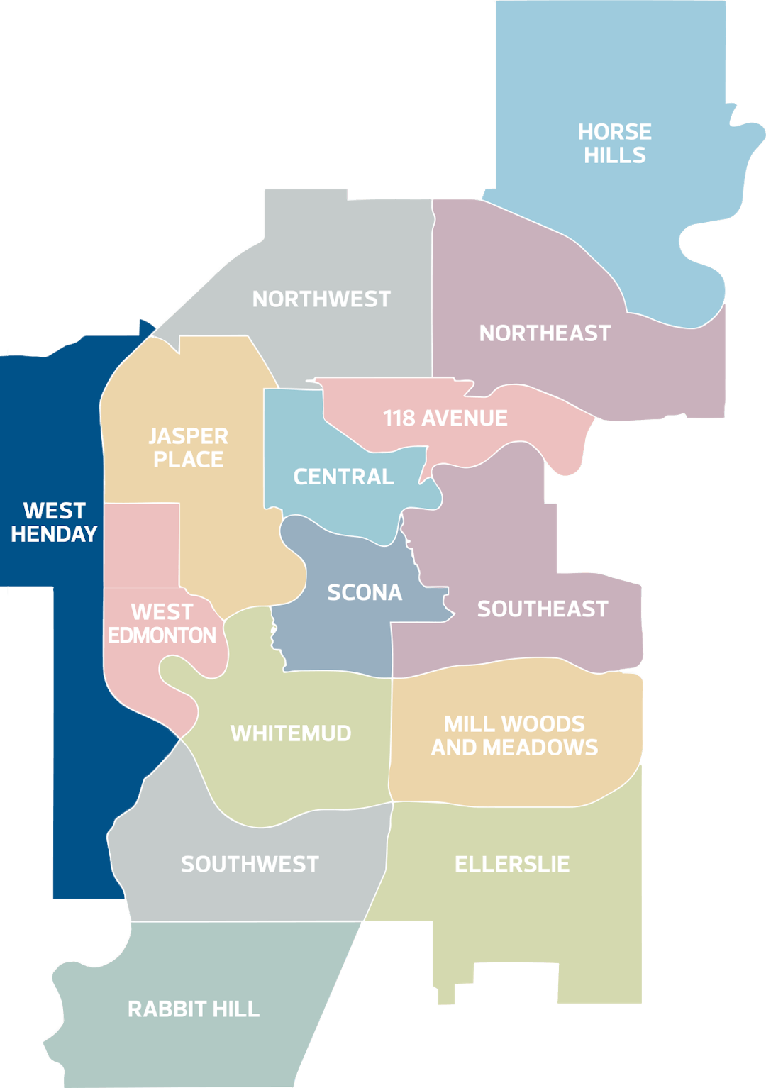Highlighted West Henday district within image of all 15 Edmonton districts
