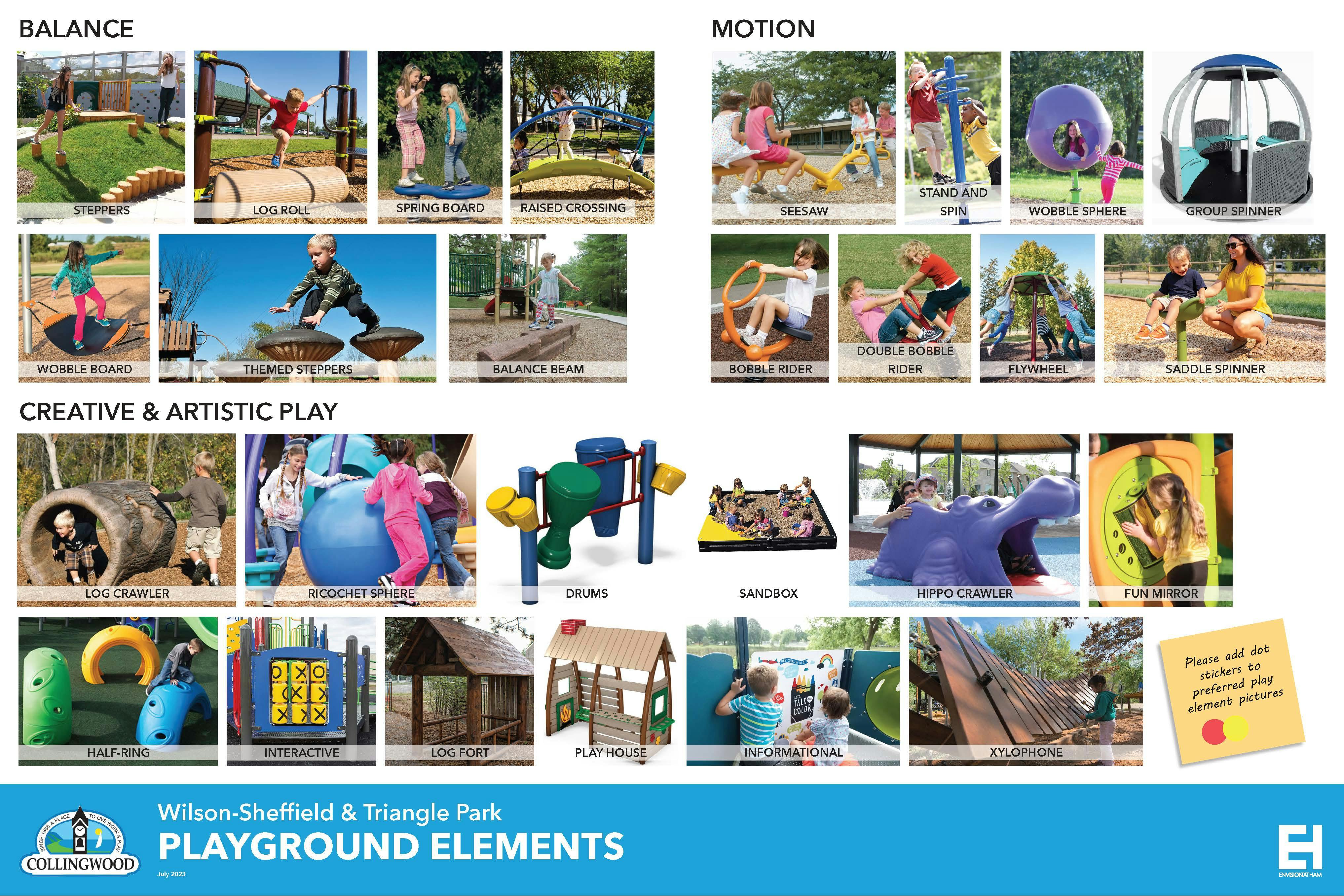 Visual of various playground elements including examples of balance structures, motion elements, creative & artistic play.