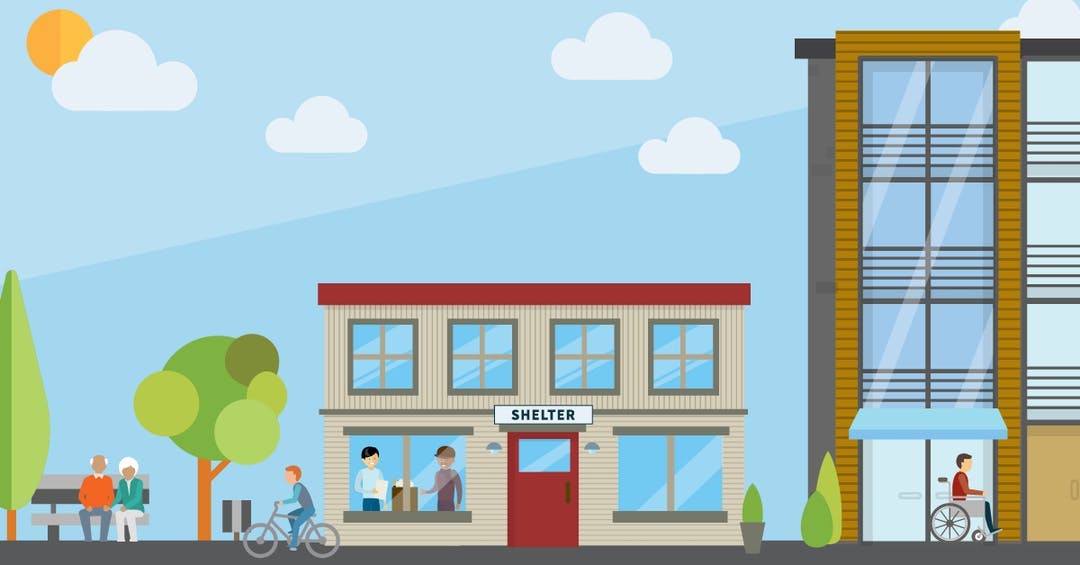 An illustration of a shelter building in a neighborhood.