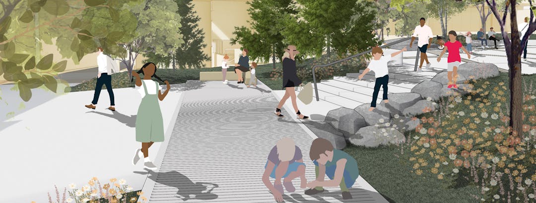 Artist rendering looking north into the park rain garden with children playing on the bridge and other people walking by.
